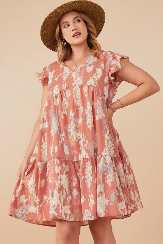 Plus size dresses featuring lace sleeves feel luxe -Watercolor V Neck Tiered Ruffled Dress