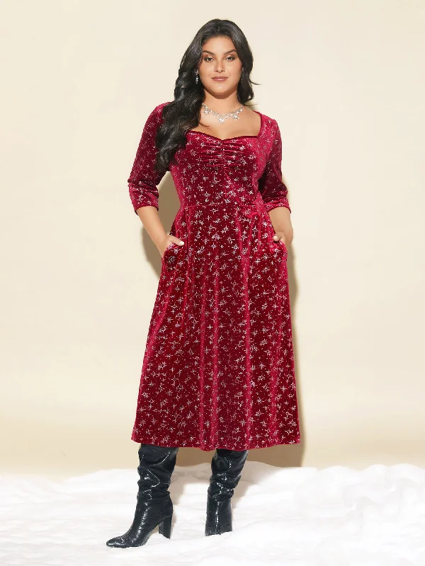 Plus size dresses featuring satin finishes feel smooth -Embossed Velvet Sweetheart Neckline Midi Dress