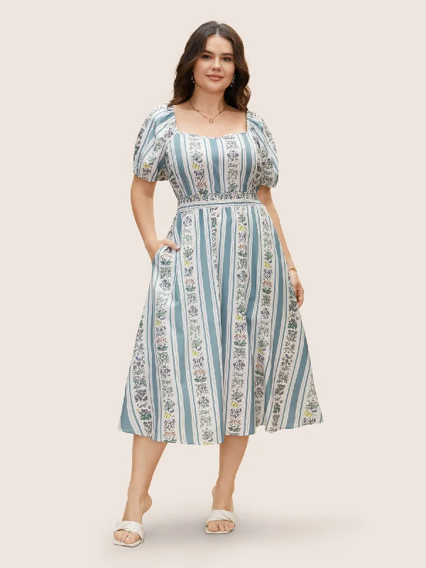 Plus size dresses with wide belts define waists -Floral Patchwork Striped Shirred Puff Sleeve Dress