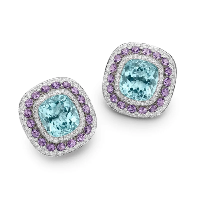 Large Drop Earrings for Statement -BLUE TOPAZ, AMETHYST AND DIAMOND EARRINGS