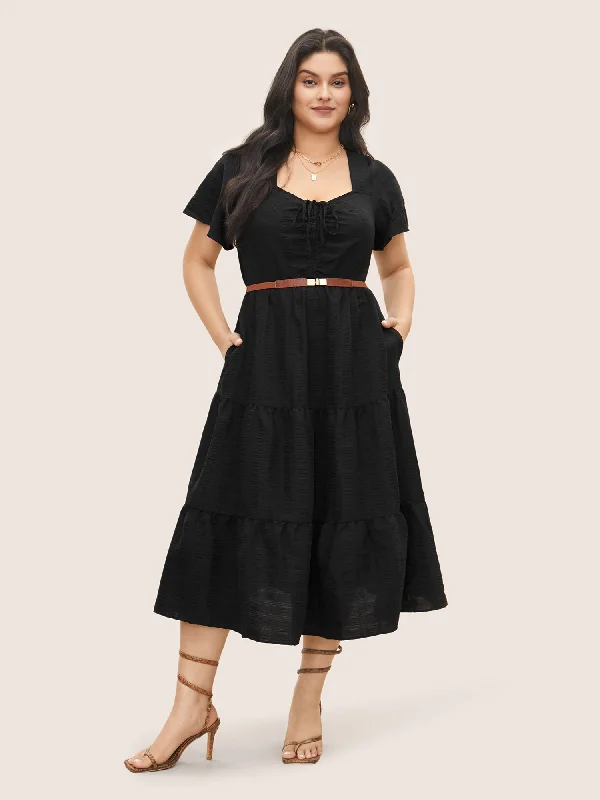 Stylish plus size dresses with stretch fabric flatter all -Plain Ruched Drawstring Pocket Ruffle Tiered Dress