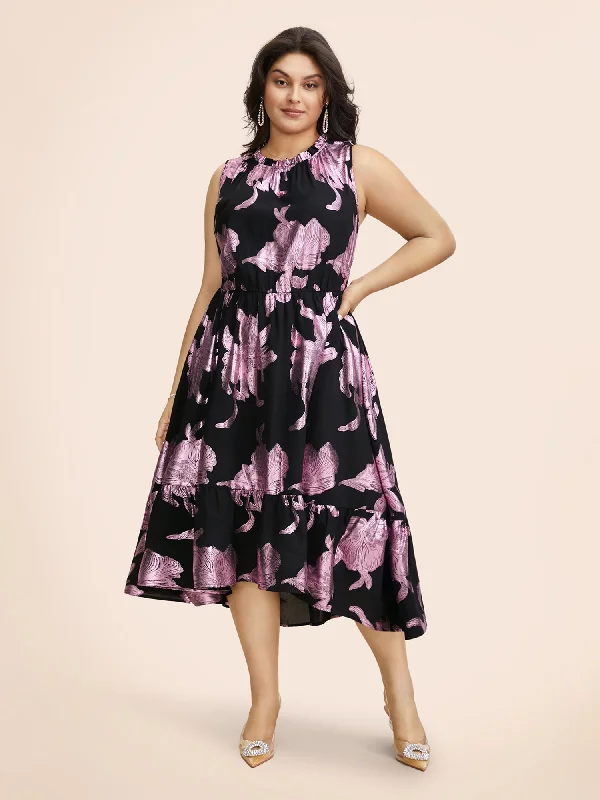 Plus size dresses with durable fabrics endure wear -Glitter Floral Mock Neck Midi Dress