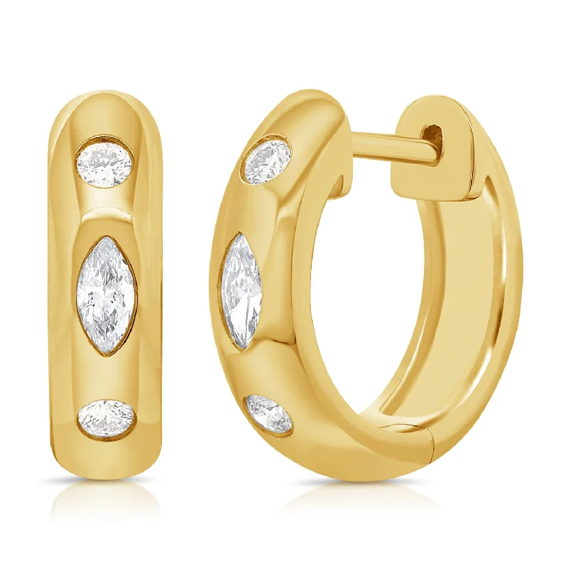 Modern Marquise and Round Diamond Hoop Earrings in 14K Gold