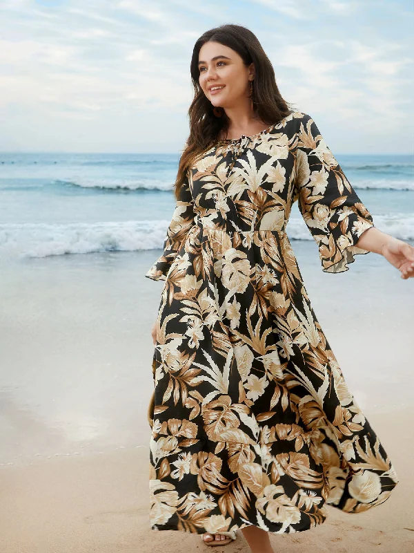 Plus size dresses with empire waists cinch nicely -Tropical Leaf Print Neck-Tie Tiered Midi Dress