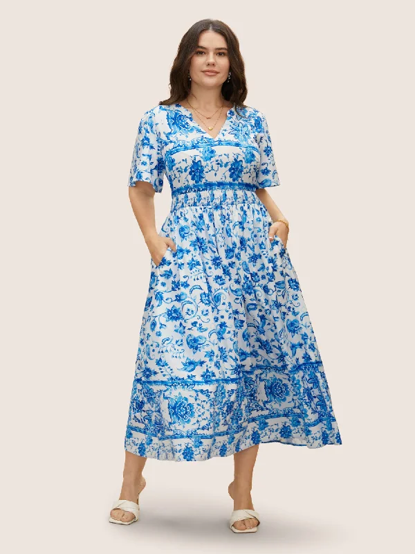 Plus size dresses with A-line cuts flatter curves -Notched Collar Boho Print Shirred Dress