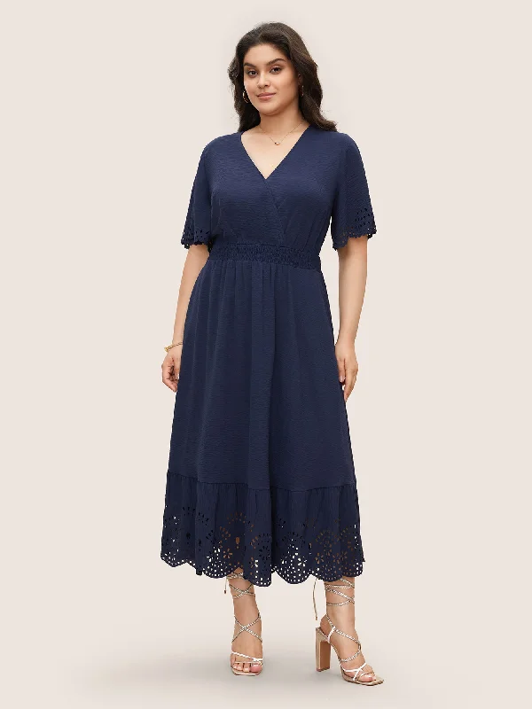 Plus size dresses featuring sequins sparkle subtly -Solid Laser Cut Shirred Pocket Wrap Scalloped Trim Flutter Dress