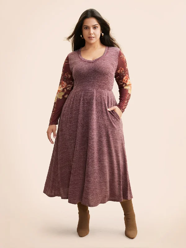 Plus size dresses featuring metallic hues shine soft -Floral Print Patchwork Elastic Waist Dress