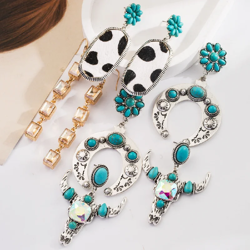 Drop Earrings for Yoga Session -Wholesale Bohemian Ethnic Turquoise Milk Leather Diamond Hollow Earrings