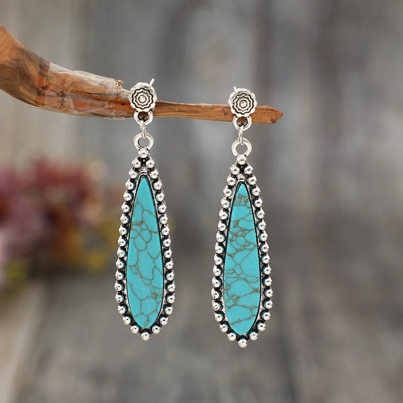 Small Drop Earrings for Delicate -Wholesale Bohemian Retro Style Long Exaggerated Inlaid Turquoise Alloy Earrings