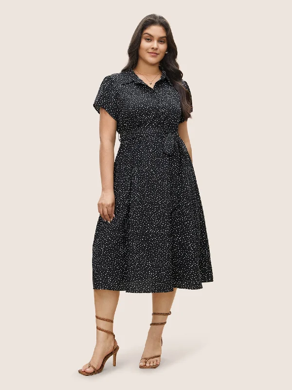 Plus size dresses with jewel tones dazzle quietly -Polka Dot Shirt Collar Pocket Button Up Dress