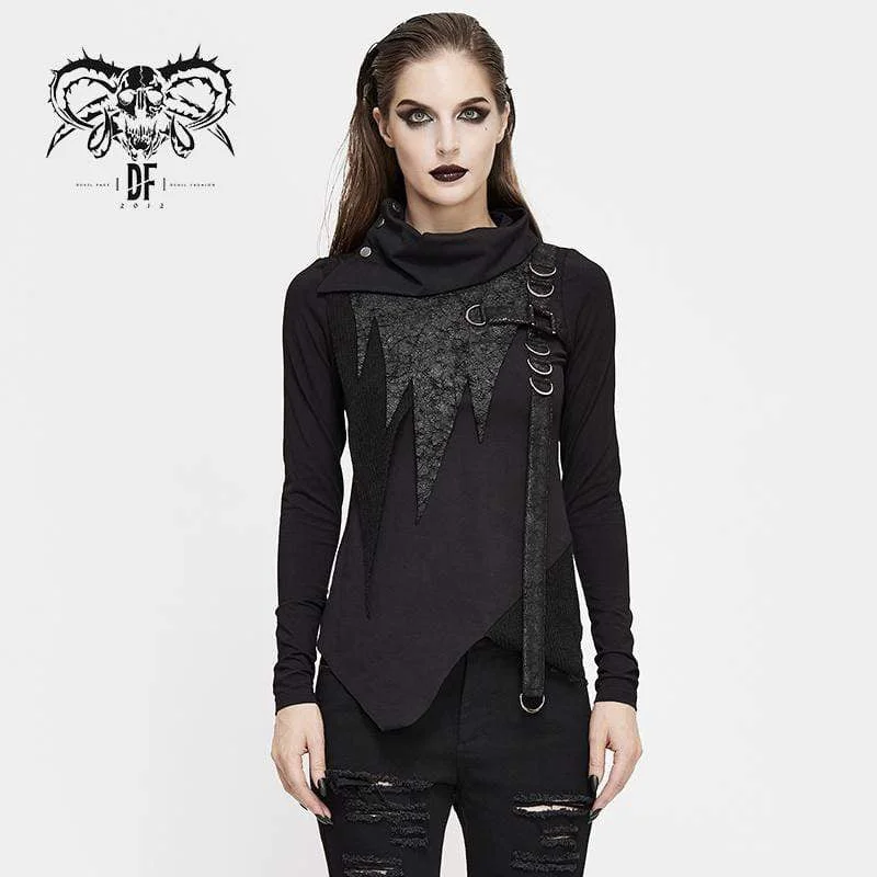 Athletic T-Shirts for Sports Look -Women's Gothic Faux Leather Splicing High Collar Tops