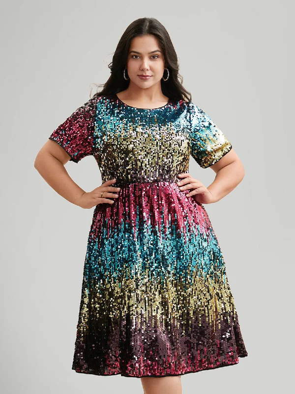 Plus size dresses with classic designs never fade -Round Neck Ombre Sequin Dress