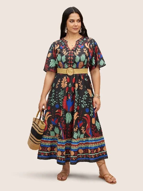 Plus size dresses with durable weaves endure wear -Bandana Print Shirred Elastic Waist Flutter Sleeve Dress