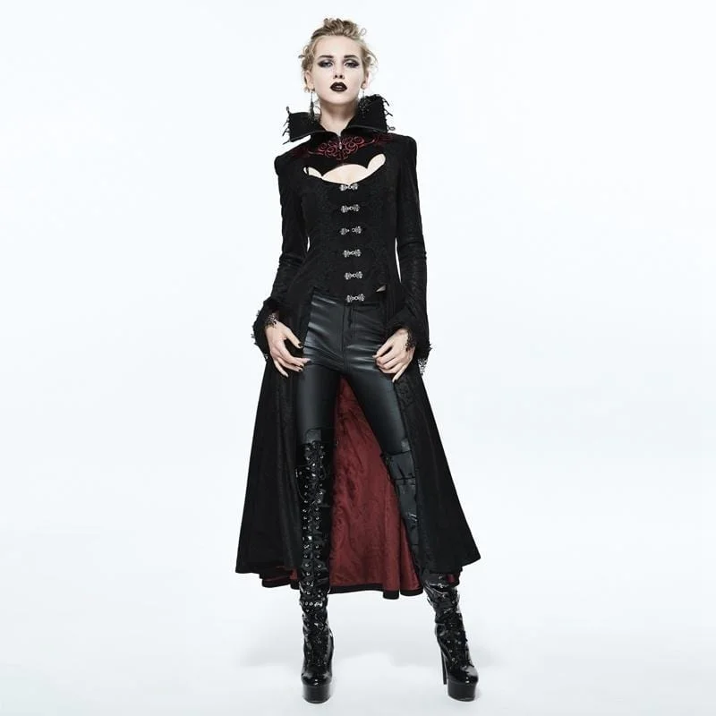 Gray T-Shirts for Subtle Style -Women's Goth Frock Coat With Stand Up Collar