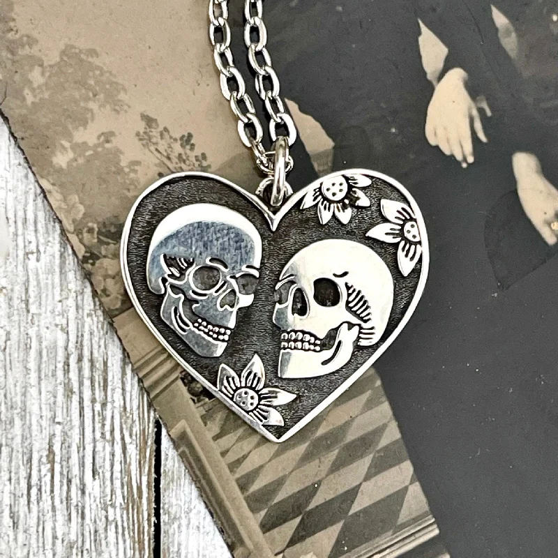 Stunning necklaces and pendants with ruby gemstones for a luxurious red hue-Tiny Talisman Collection - Sterling Silver The Lovers Skull & Heart Necklace Charm 24x22mm /