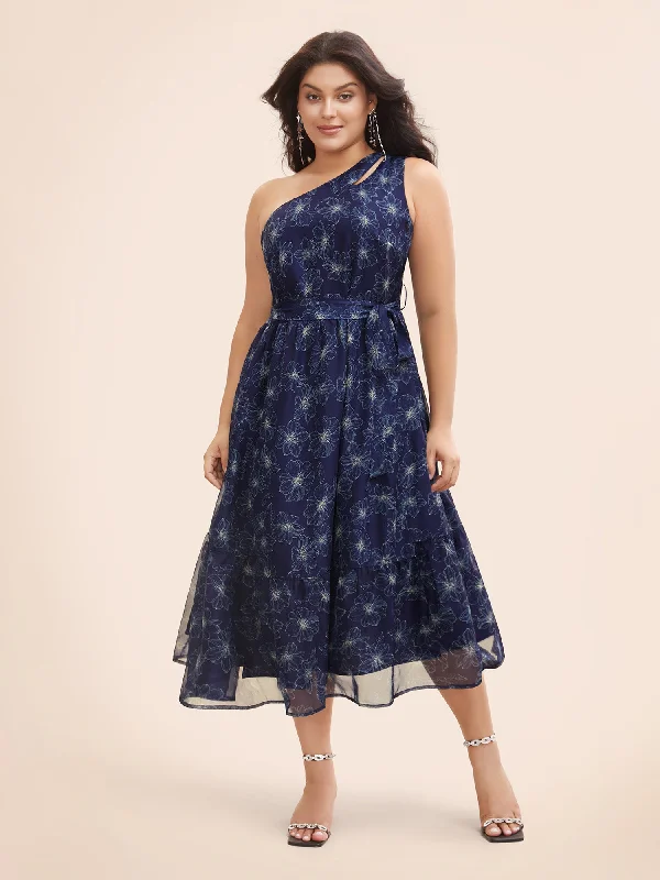 Plus size dresses featuring neutral tones pair easily -Floral Asymmetrical Neck Mesh Belted Dress