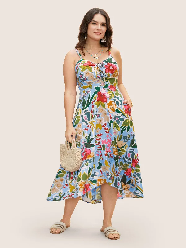 Plus size dresses with sturdy seams last long -Floral Drawstring High Low Hem Cami Dress