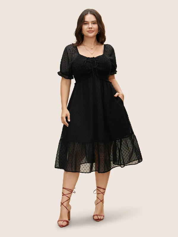 Plus size dresses featuring velvet textures feel plush -Polka Dot Textured Mesh Shirred Drawstring Dress