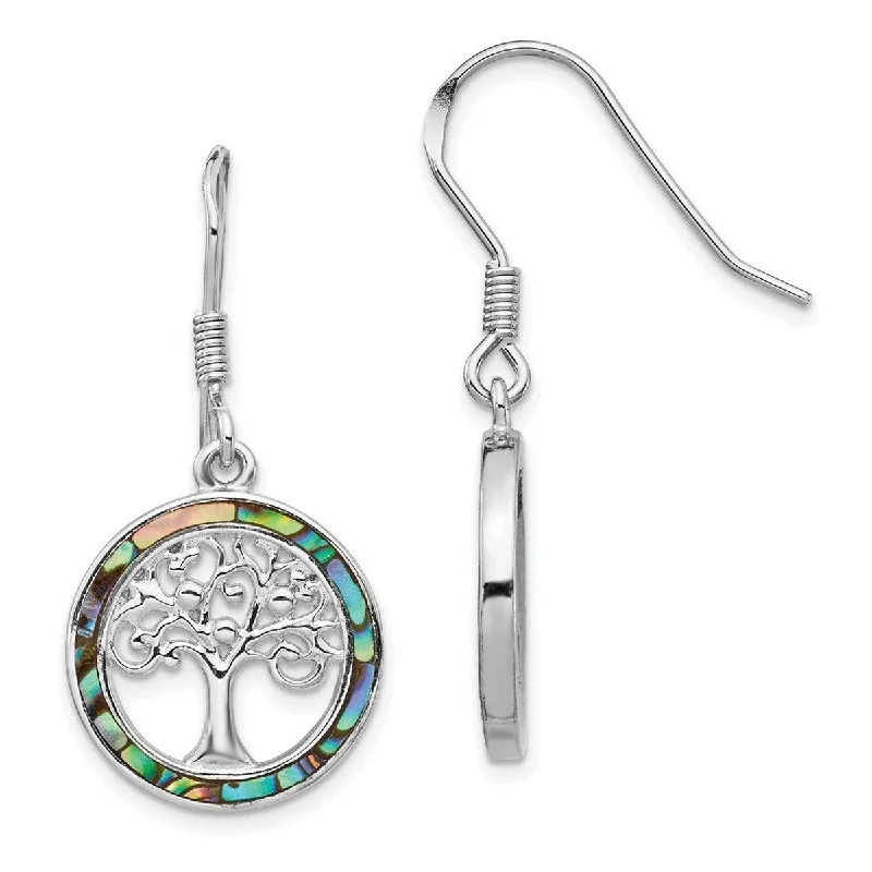 Gold Drop Earrings for Women -Curata 925 Sterling Silver 37.25x17mm Abalone Circle With Tree Dangle Earrings