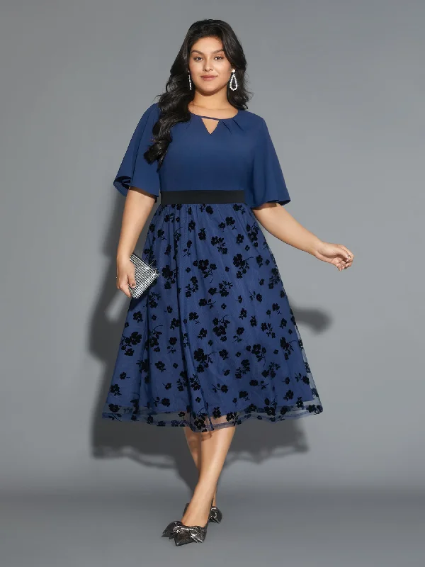 Plus size dresses with asymmetrical hems look modern -Floral Embroidered Mesh keyhole Dress