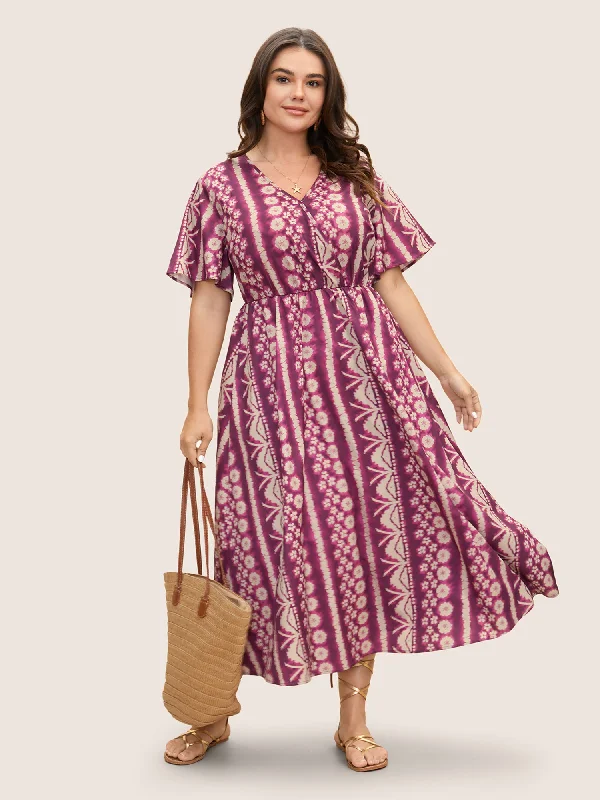 Plus size dresses for summer nights shimmer lightly -Floral Tie Dye Overlap Collar Ruffle Sleeve Dress