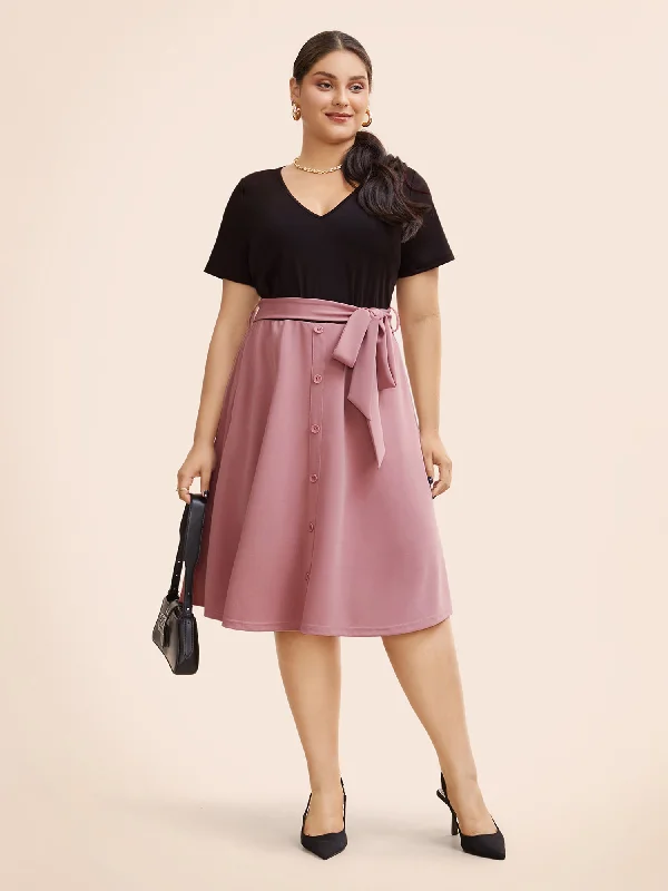 Plus size dresses for wet weather stay dry -Supersoft Essentials Two Tone Pocket Patchwork Belted Dress