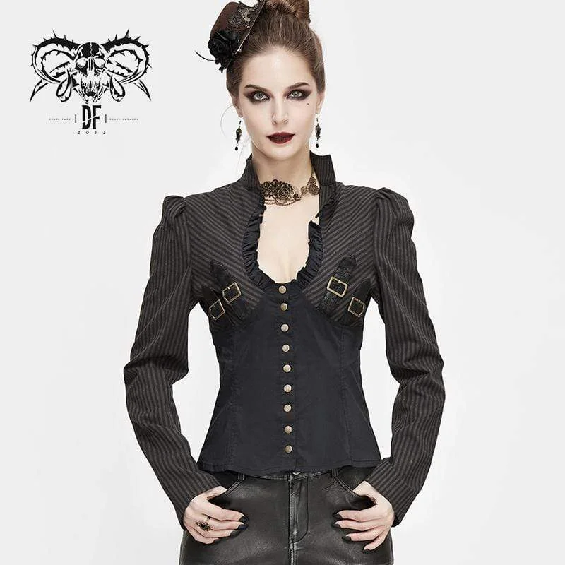 Formal T-Shirts for Occasions -Women's Gothic Striped Falbala Splicing Faux Leather Shirts