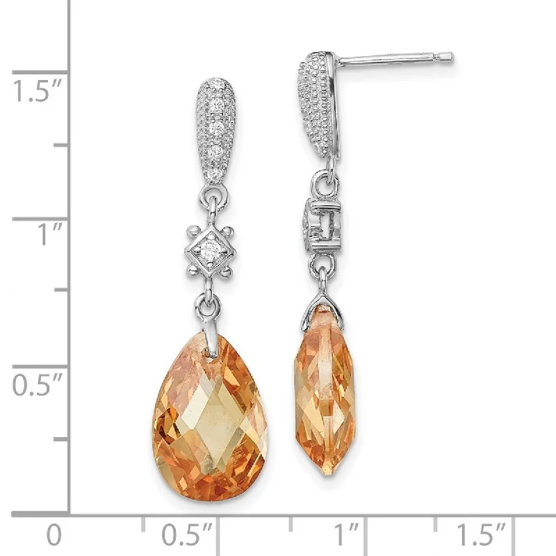 Heavy Duty Drop Earrings for Durability -Curata 925 Sterling Silver 37x10mm Champagne CZ Cubic Zirconia Dangle Post Earrings