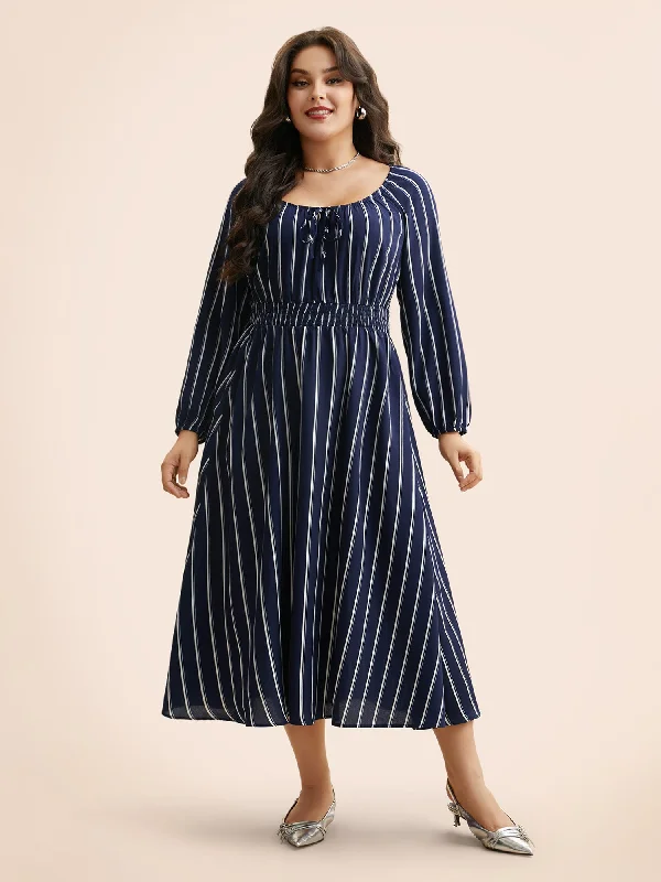 Plus size dresses with sleek designs suit all -Striped Shirred Lantern Sleeve Maxi Dress