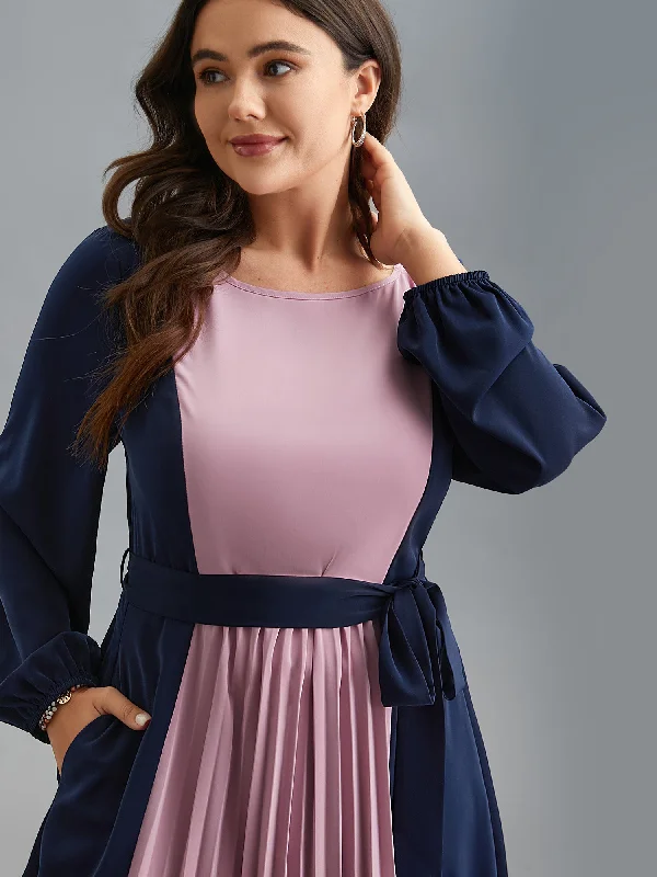 Plus size dresses for parties shine with confidence -Color-Block Stretchy Waist-Cinched Pockets Dress