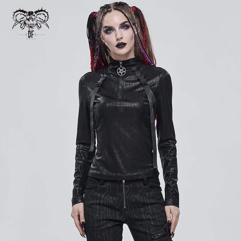 Geometric T-Shirts for Modern Design -Women's Gothic Stickup Buckles Zipper Top