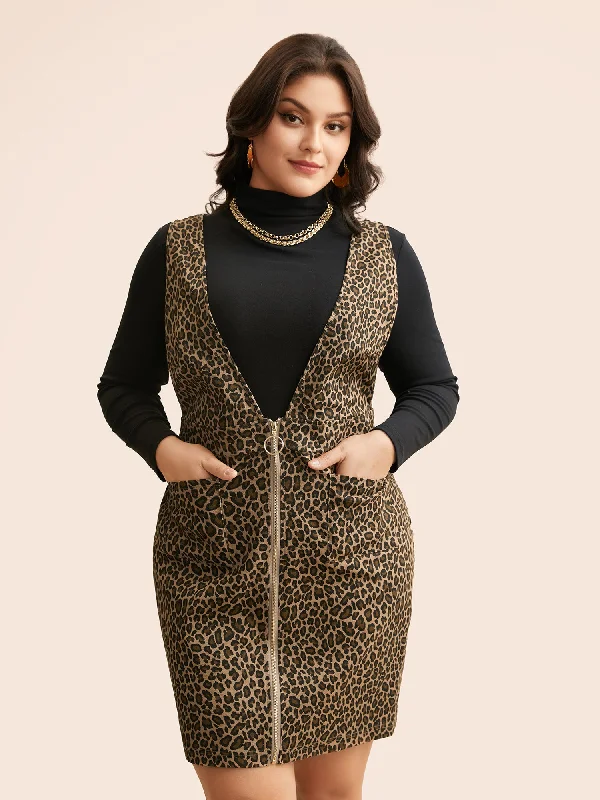 Plus size dresses featuring beadwork dazzle quietly -Leopard Print O Ring Zipper Dress