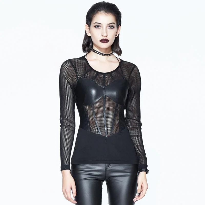 V-Neck T-Shirts for Flattering Look -Women's Net and Faux Leather Punk Goth T-shirt