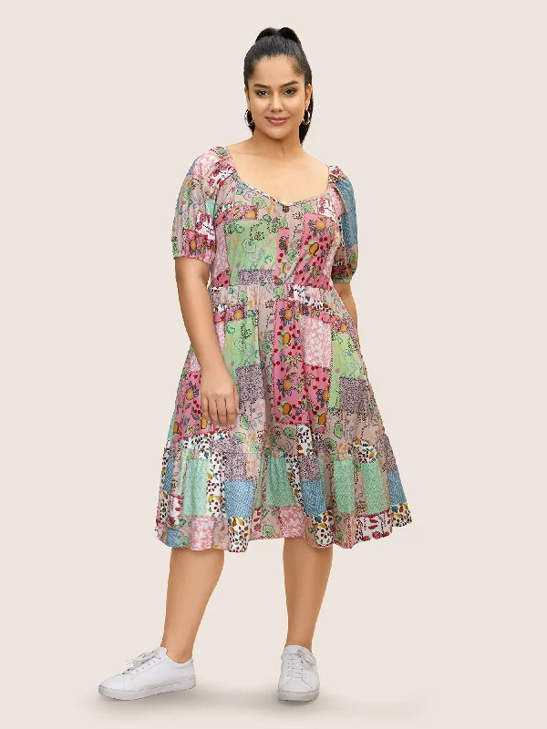 Flattering plus size dresses for curvy figures look stunning -Patchwork Boho Print Raglan Sleeve Midi Dress