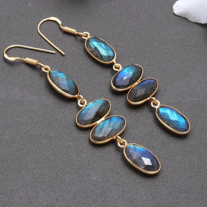 Drop Earrings for Travel Look -Wholesale Vintage Handmade Diamond-studded Long Style Gold Long Oval Blue Diamond Personality Earrings