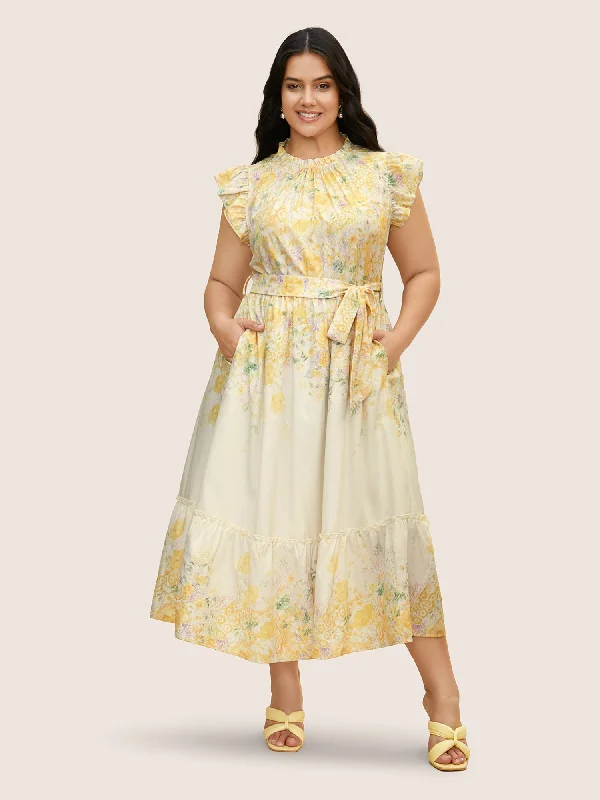 Plus size dresses featuring ruffle details add charm -Boho Print Mock Neck Ruffle Cap Sleeve Dress