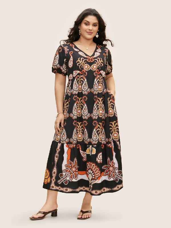 Plus size dresses for cold seasons warm up -Bandana Print Lantern Sleeve Maxi Dress