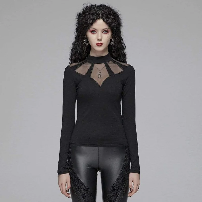 Custom T-Shirts for Personalized -Women's Goth Stand Collar Mesh Sheer Long Sleeved T-shirts