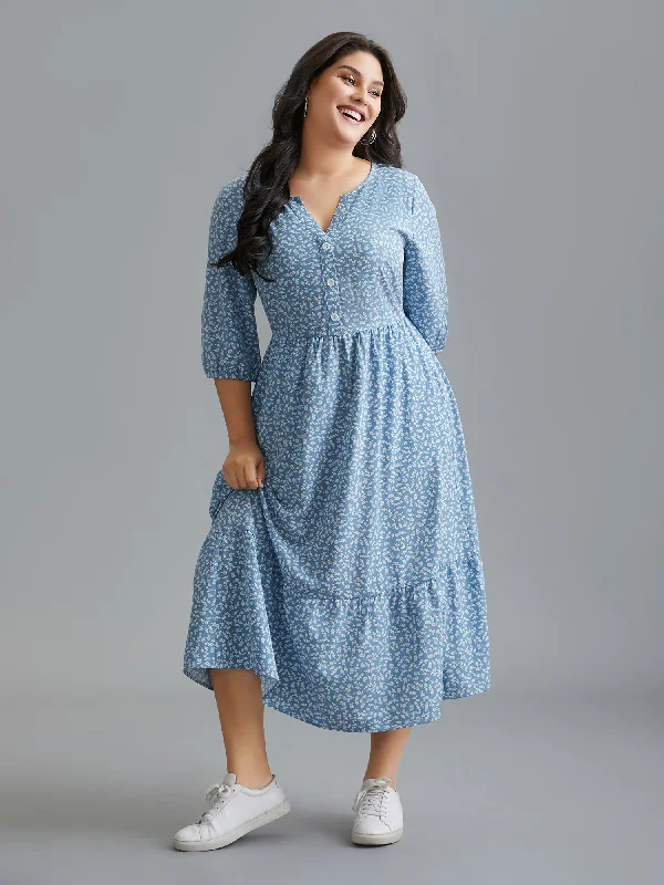 Plus size dresses with sturdy hems stay firm -Notched Ditsy Floral Button Midi Dress