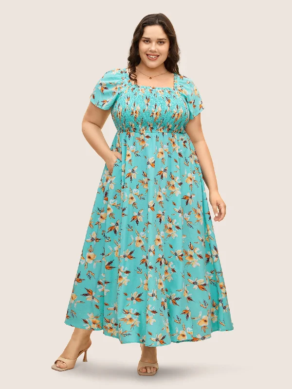 Plus size dresses with soft linings pamper skin -Floral Shirred Elastic Waist Split Hem Dress