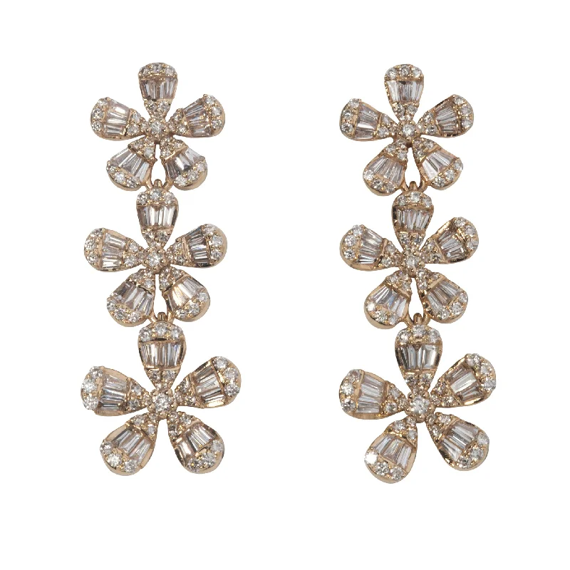 Drop Earrings for Prom Night -.52ctw Diamond 14K Yellow Gold Triple Flower Drop Earrings