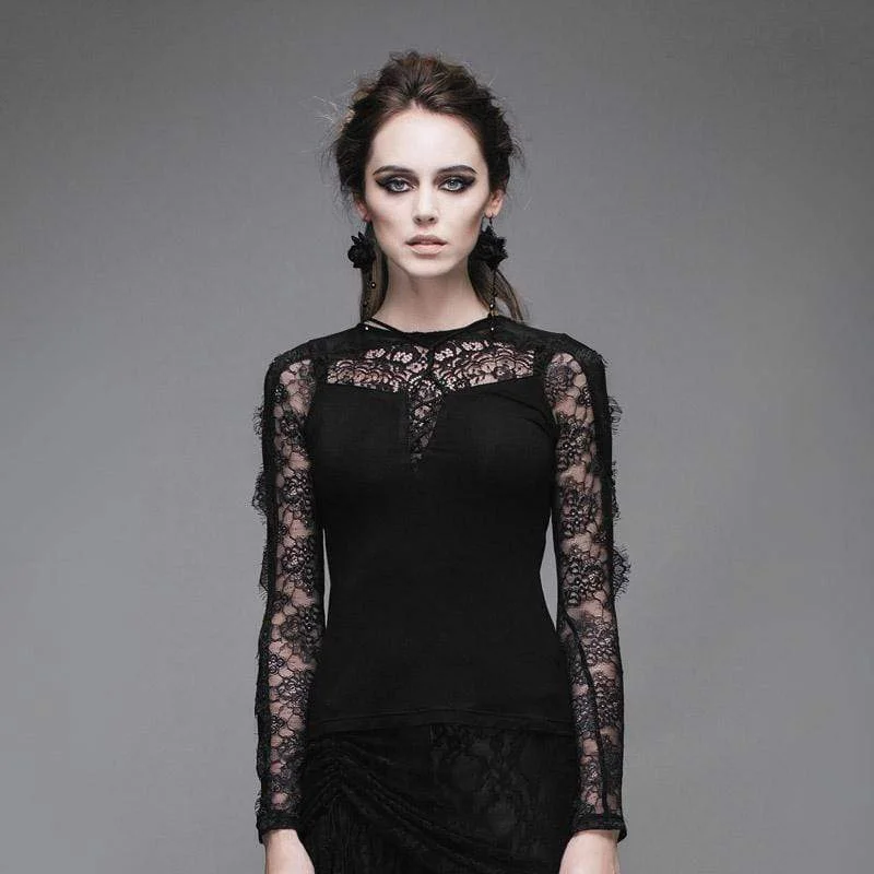 Fashion T-Shirts for Stylish Outfits -Women's Goth Short Top With Lace Yoke