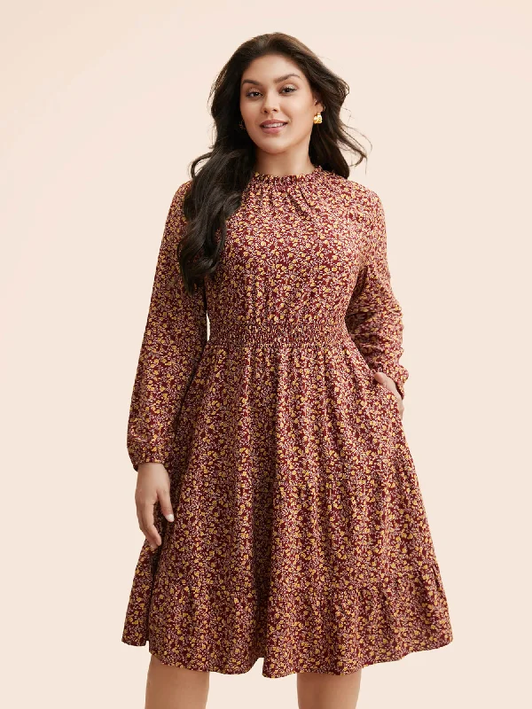 Plus size dresses for every mood adapt well -Ditsy Floral Shirred Frill Trim Dress