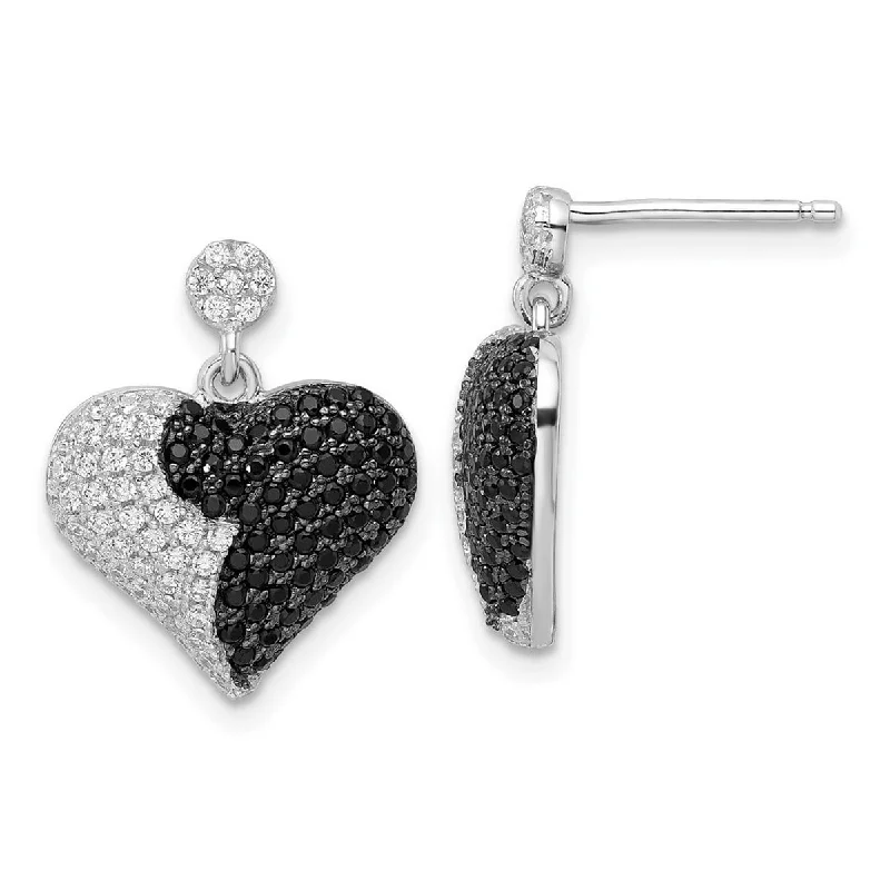 Drop Earrings with Chevron Designs -Curata 925 Sterling Silver 19x15mm Black CZ Cubic Zirconia Dangling Heart Dangle Post Earrings