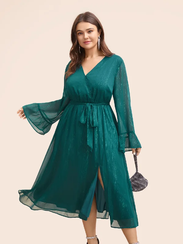 Plus size dresses for power dressing empower daily -Chiffon Overlap Collar Split Hem Dress