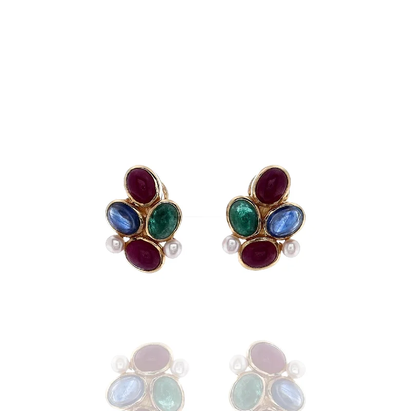 Drop Earrings for Evening Gown -Estate 14k Yellow Gold Emerald Sapphire Ruby and Cultured Pearl Earrings