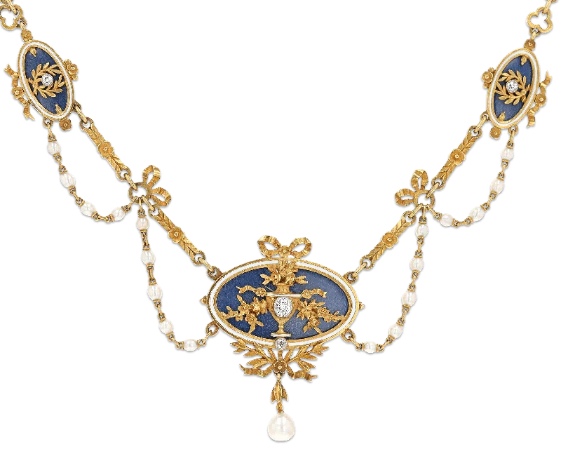 Stunning necklaces and pendants with sapphire gemstones for a luxurious blue hue-Art Nouveau Enamel, Diamond and Pearl Necklace