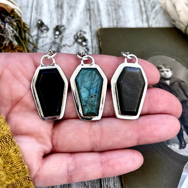 Best necklaces and pendants with statement designs for a fashionable accessory-Crystal Coffin Necklace in Sterling Silver- Black Onyx, Labradorite or Silver Sheen Obsidian -Designed by FOXLARK Collection