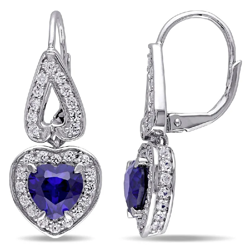 Drop Earrings for Shopping Trip -Miadora Sterling Silver Created Blue and White Sapphire Heart Earrings