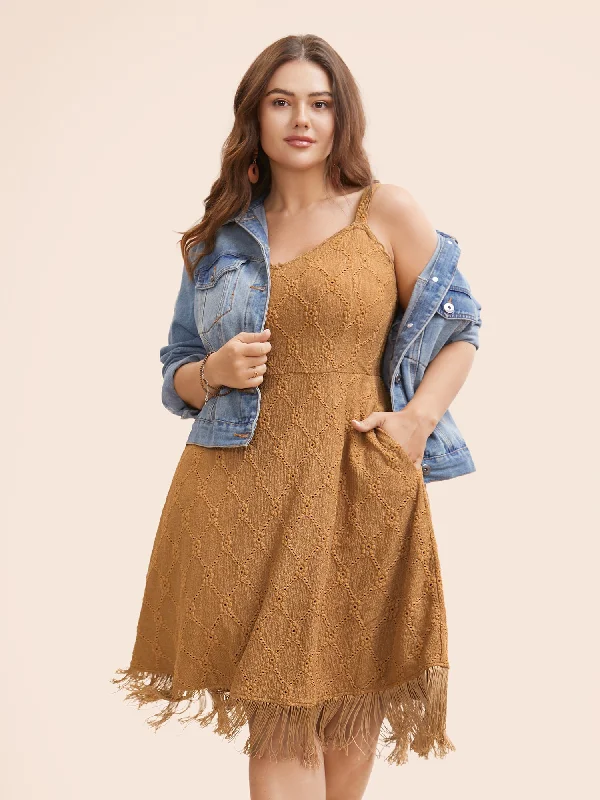 Affordable plus size dresses for casual days stay chic -Solid Texture Tassel Trim Cami Dress